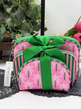 Dwell Studio Palm Tree Cosmetic Bag Set Pink & Green Travel Makeup Pouches Bu